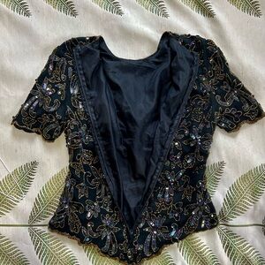 Vintage Silk Papell Boutique Beaded Sequin Evening Top S Black Gold Iridescent